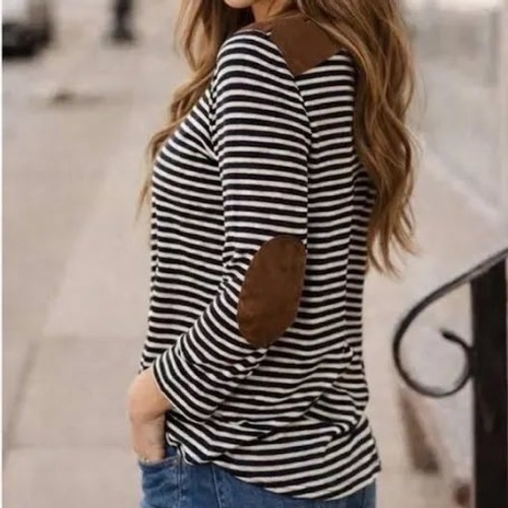 Lauren Ralph Lauren Striped Long Sleeve Top XL Brown‎ Cream Elbow Patch Zipper